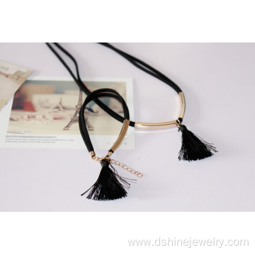 Suede Necklace With Metal Tube Silk Tassel Choker